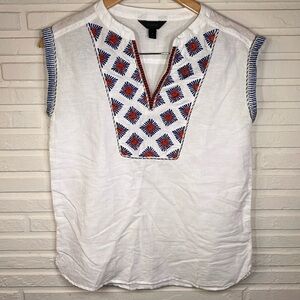 J. Crew White Embroidered Design Sleeveless Linen and Cotton Top, Women Size 0